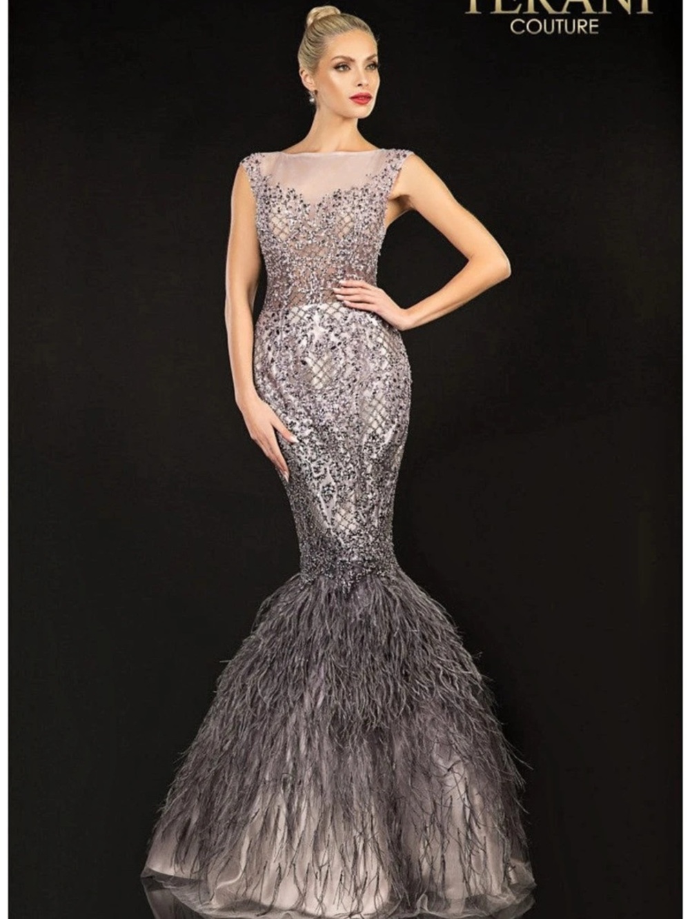 Terani Couture Blush Mauve Embellished Feather Mermaid Gown Pink Size 16